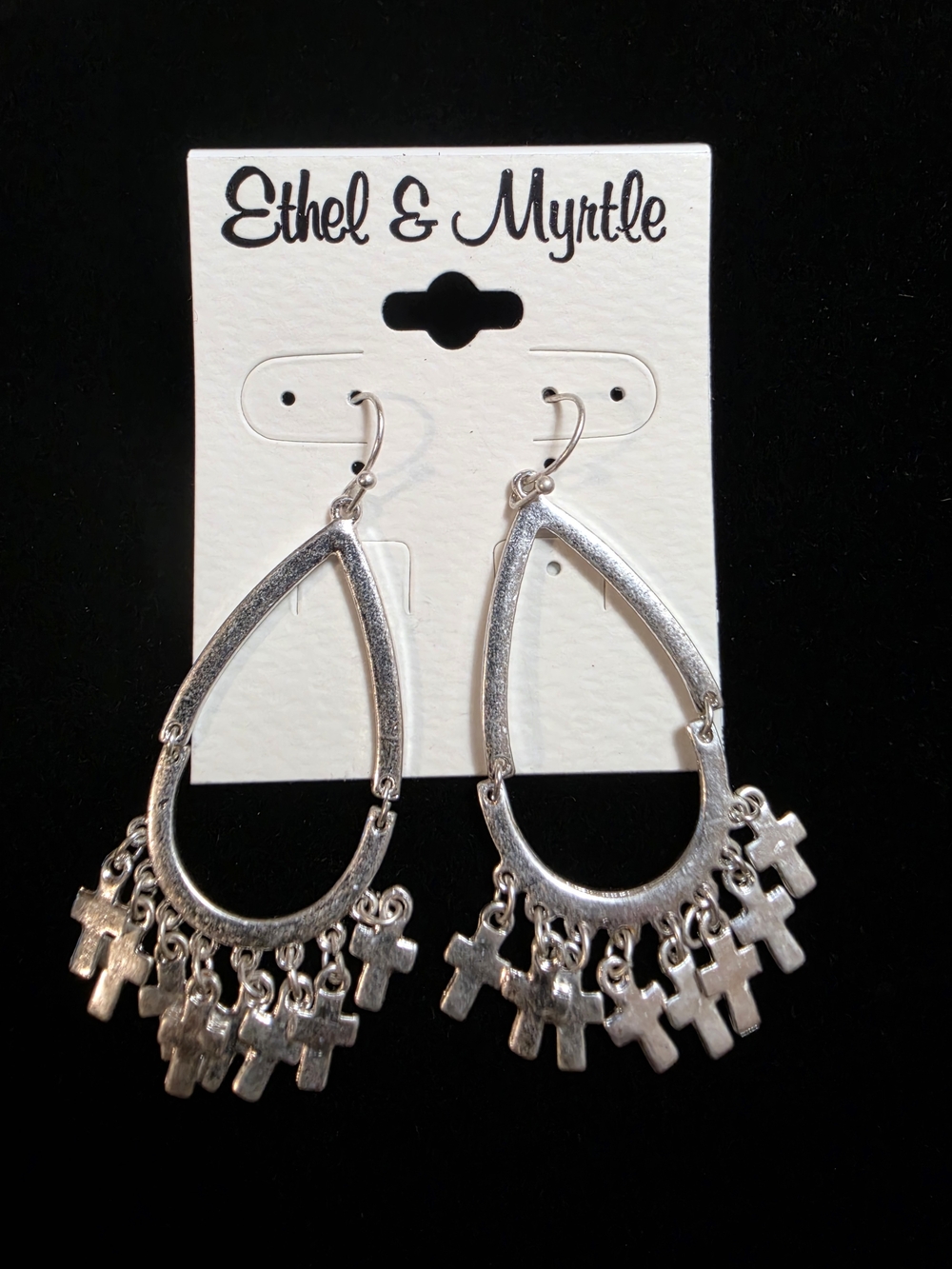 Ethel & Myrtle Silver Teardrop Earrings with Cross Charms